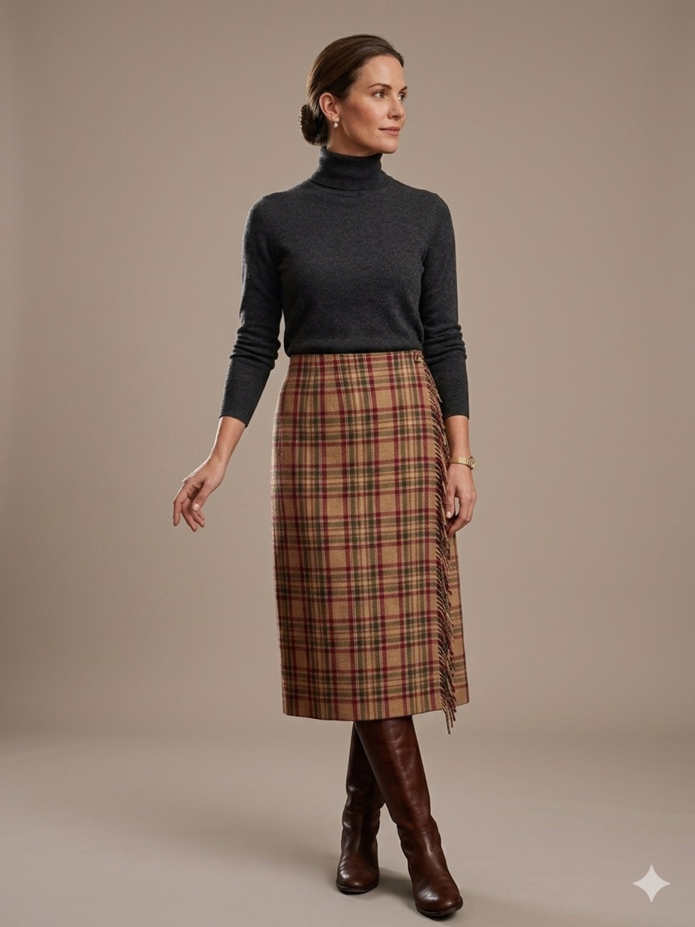 Woolrich Plaid Midi Skirt in Tan, Red and Green